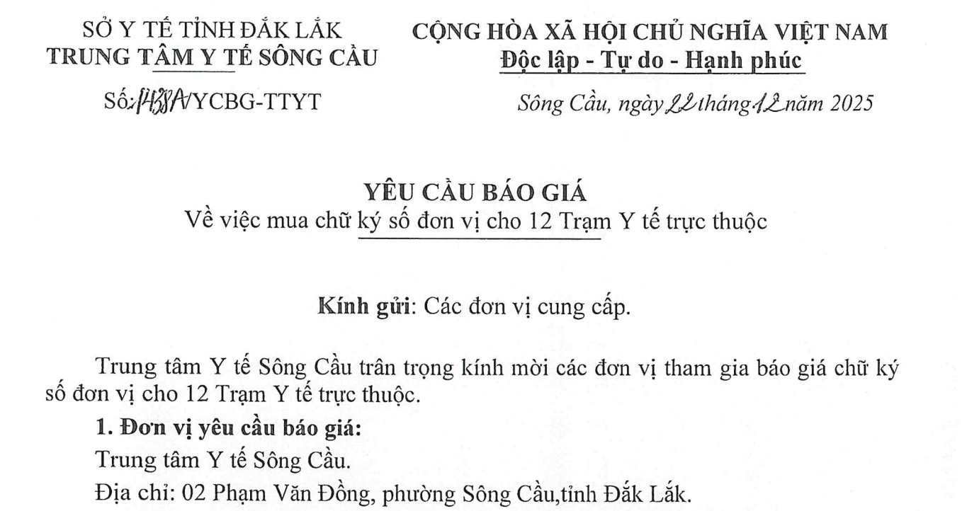 YCBG Về việc mua chữ ký số đơn vị cho 12 Trạm Y tế trực thuộc